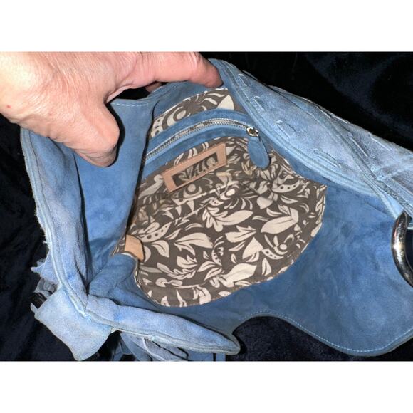 JODILEE AUSTRALIA "HEAVENLY" BLUE SUEDE FRINGED EMBROIDERED BOHO BAG - Picture 5 of 11
